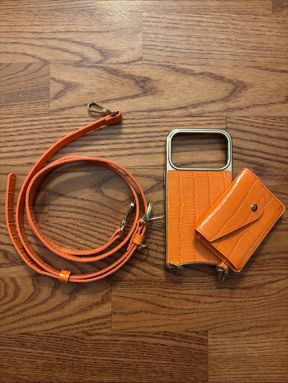 Bandolier Orange Croc-Embossed Phone Case with Detachable Strap and Card Wallet